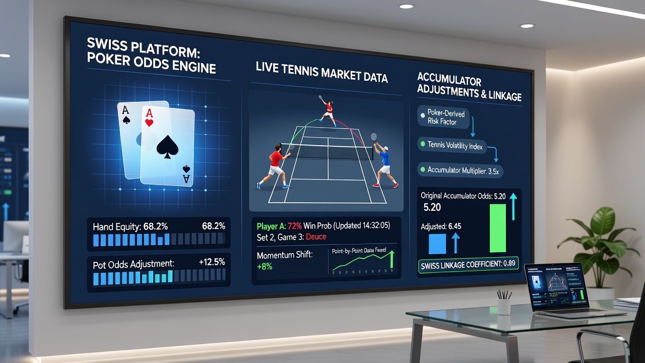 Close-up of algorithmic interface linking poker equity calculations to tennis accumulator adjustments on a Swiss operator dashboard